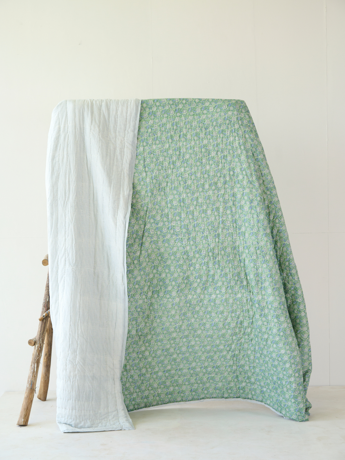 Green Floral and Stripe Bed Quilt