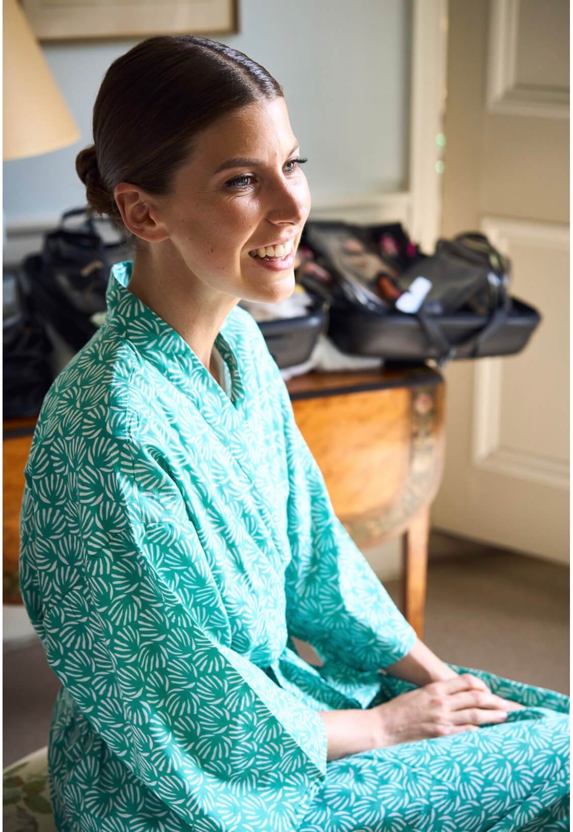 Bespoke bridal dressing gown in abstract turquoise print