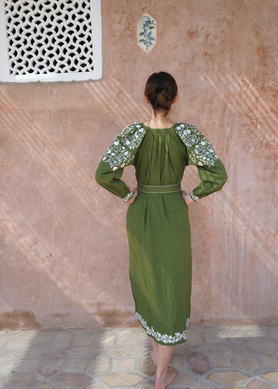 Handloom Olive Peasant Dress