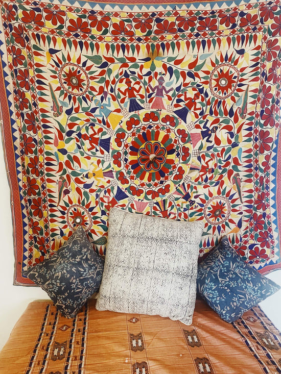 Antique multicoloured textile adorning a wall
