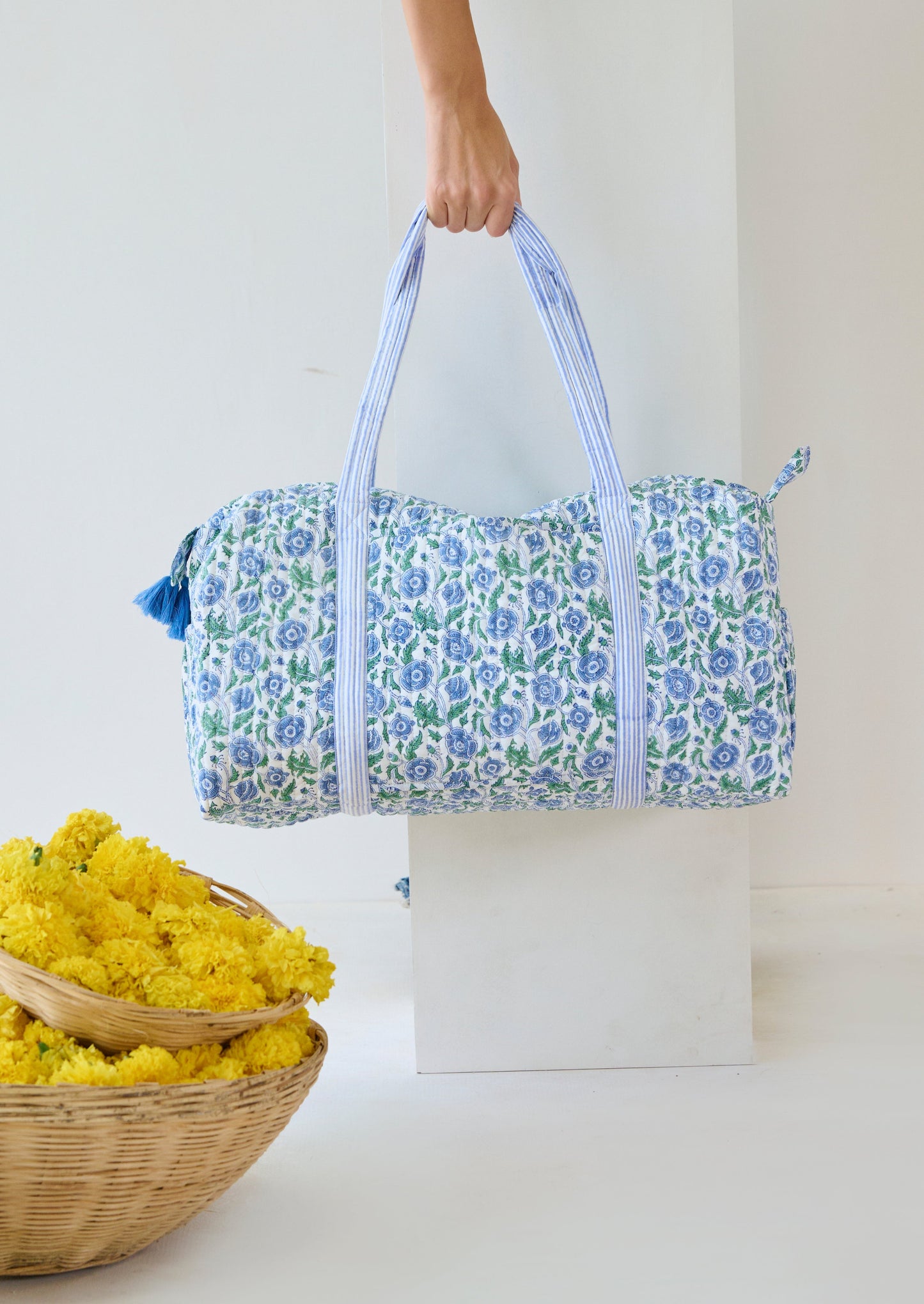 Blue Floral Quilted Duffle Bag