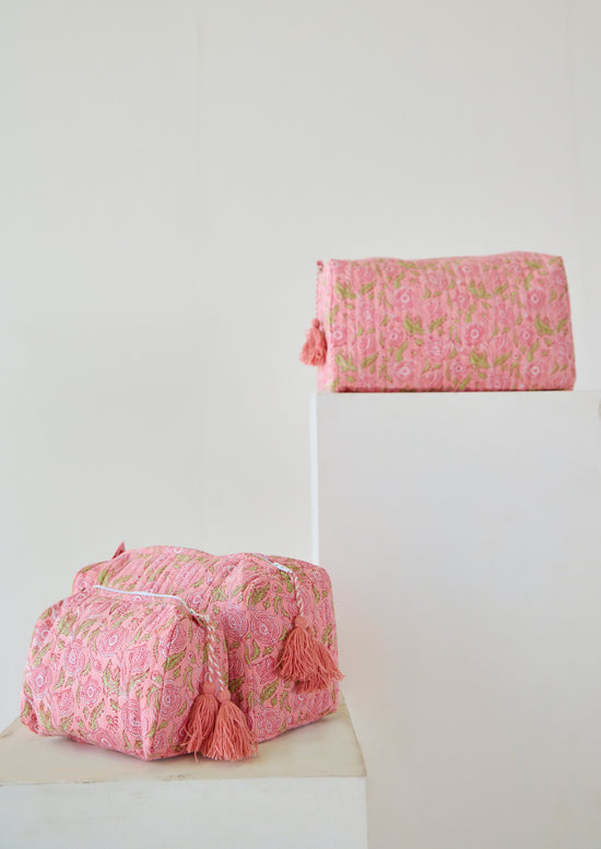 Load image into Gallery viewer, Pink Floral Organic Cotton Wash Bag
