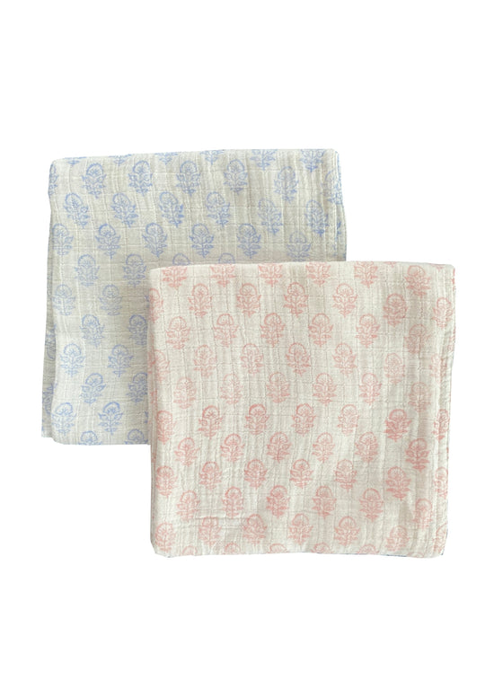 Pink and Blue Block Print Muslin Squares