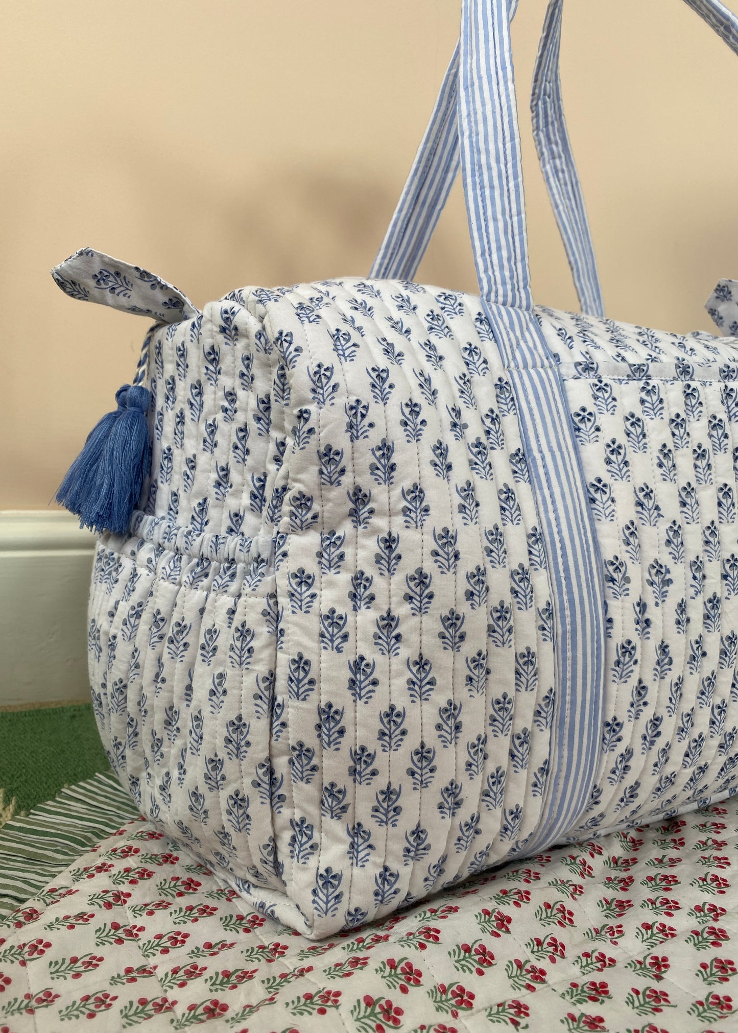 Blue Flower Quilted Duffle Bag