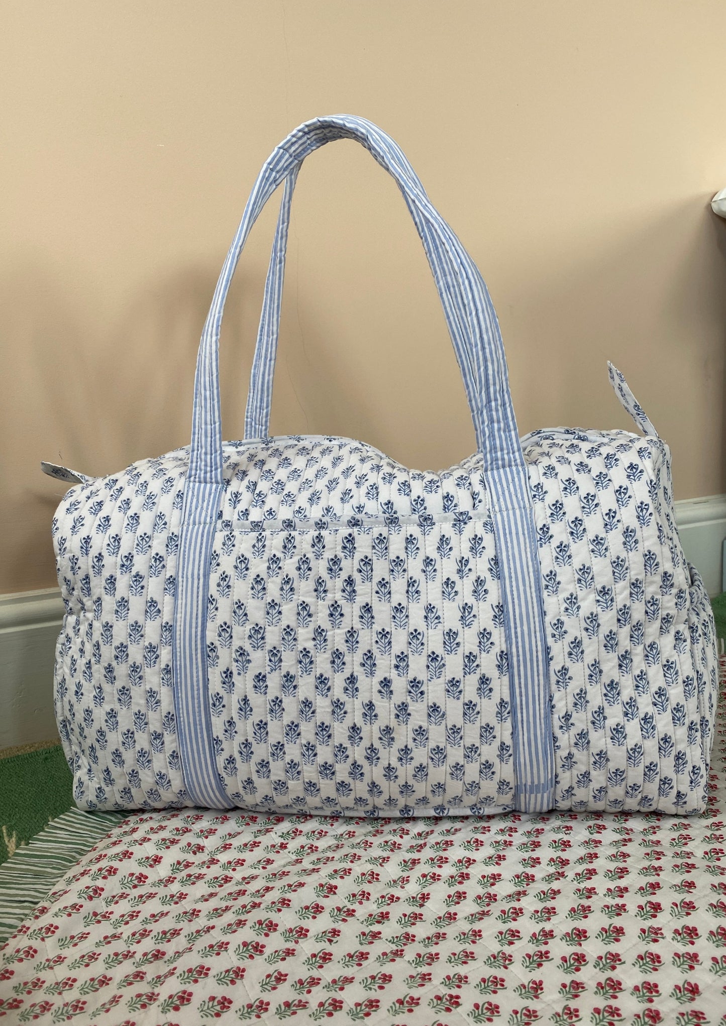 Blue Flower Quilted Duffle Bag
