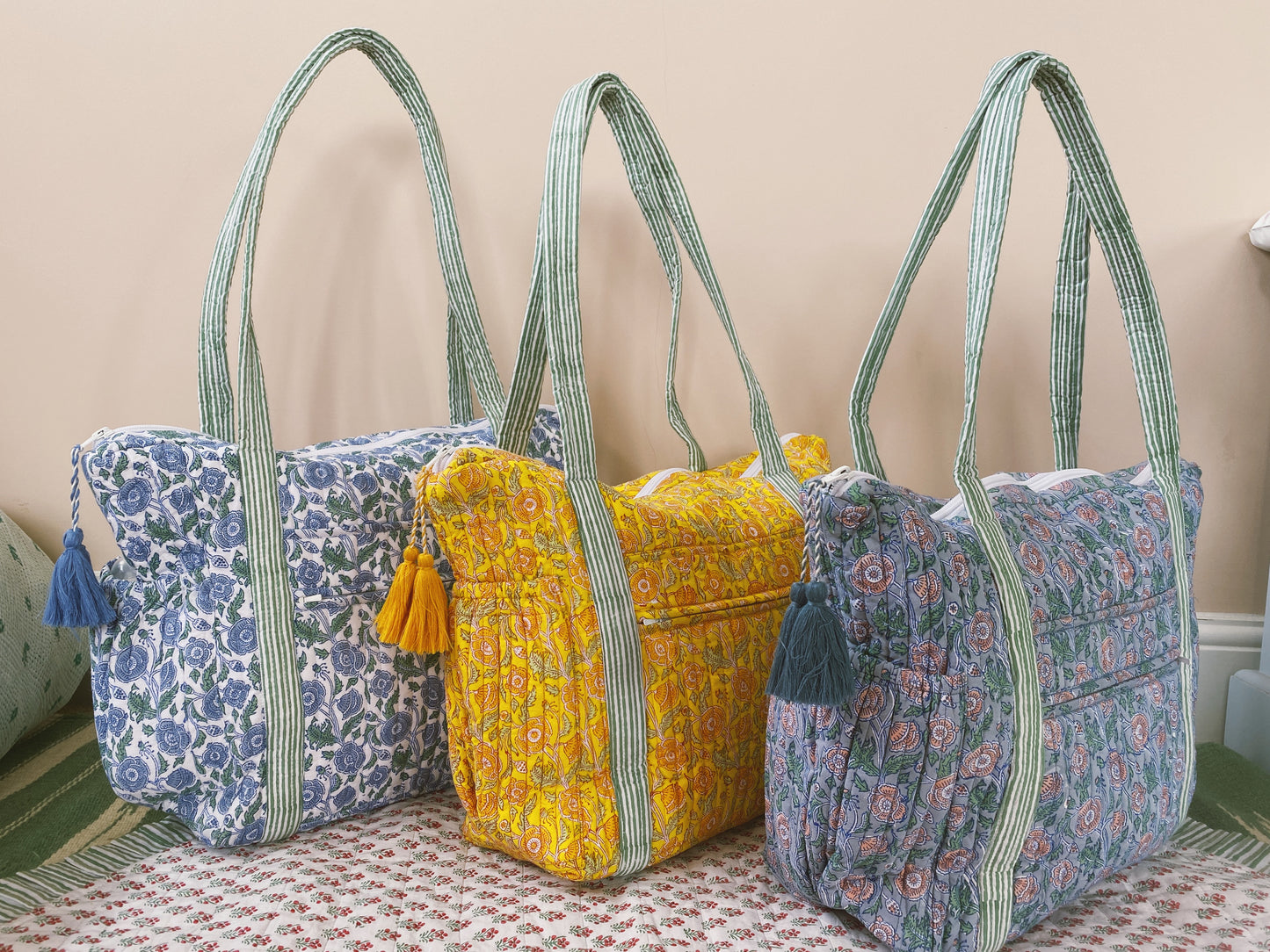 Load image into Gallery viewer, Blue / Green Block Print Tote and Nappy Bag
