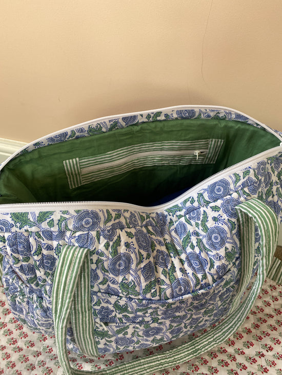 Load image into Gallery viewer, Blue / Green Block Print Tote and Nappy Bag
